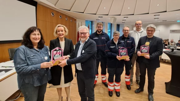 Über den Heimatpreis freuen sich (von links) Sigrid Pöppelmann-Terwey, Gudrun Kopp und Manfred Brennecke (alle Aktiv-Gruppe-Hörste), Thorsten Leising, Nadine Brandes und Vincent Mark Roll (Malteser Wärmebus) sowie Dominik Remmert und Dominik Seidel (Spielekünstla). - © Carolin Brokmann-Förster