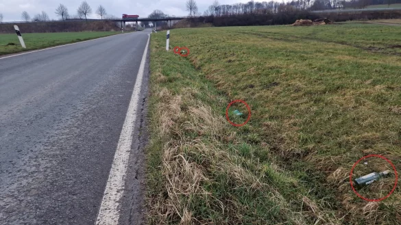 Allein auf diesem kurzen Stück liegen vier Weinflaschen (in Rot eingekreist) im Graben an der Wiembecker Straße. Im Hintergrund ist die Südumgehung zu sehen. - © Nadine Uphoff