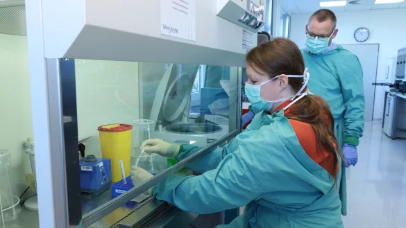 Birthe Tegelh&uuml;tter, Biologisch Technische Assistentin im Labor Krone in Bad Salzuflen, arbeitet f&uuml;r das Foto an der Sicherheitswerkbank und zeigt, wie sie eine Probe des Corona-Virus vorbereiten w&uuml;rde. Laborleiter Carsten Tiemann schaut ihr &uuml;ber die Schulter. - &copy; Archivfoto: Alexandra Schaller