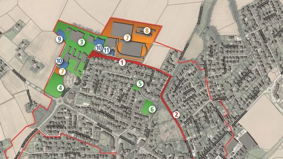 ISEK-Projekte: Die Grafik zeigt eine Auswahl aus Ideen der Workshops f&uuml;r den Ortsteil Leopoldsh&ouml;he. So sollen die Schulstra&szlig;e (1) und die Hovedisser Stra&szlig;e (2) aufgewertet werden, ebenso das Umfeld des Schulzentrums (3). Der Teich am Schulzentrum (4) und die Gr&uuml;nfl&auml;che am Siekweg (6) sollen attraktiver, der Spielplatz Diesterwegstra&szlig;e neugestaltet (5) werden. Die Au&szlig;ensportanlagen am Schulzentrum sollen modernisiert und ausgebaut werden (7 und 8). Schwerpunkt sind die Erweiterung der Felix-Fechenbach-Gesamtschule (9), sowie die Sanierung der Sporthallen und des Familienzentrums &bdquo;Leos" (10 und 11). - &copy; Grafik: Gemeinde Leopoldsh&ouml;he/Oliver Wendtland