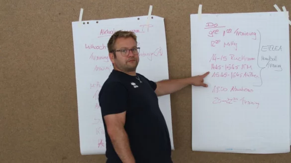 HSG-Trainer Steffen Birkner vor einem Tagesplan im Trainingslager. - &copy; Dietmar Welle