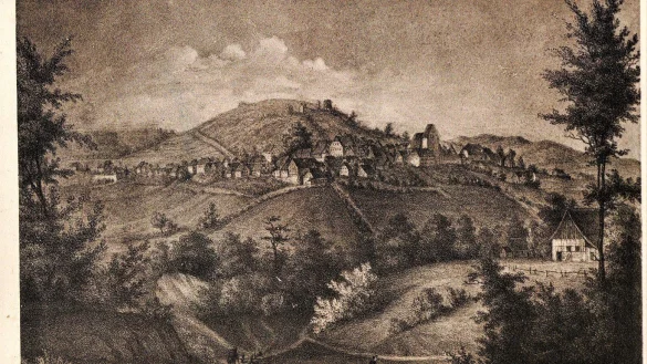 Ein Blick auf die Dorfschaft Oerlinghausen und das lippische Grenzgebiet etwa um 1850. Im Vordergrund haben Frauen ihre W&auml;sche zum Bleichen am Schopkehang ausgelegt. Die Zeichnung stammt von Emil Zeiss.