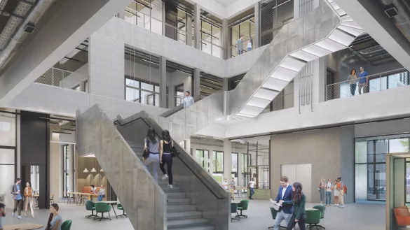 Außergewöhnlich soll das Atrium des neuen Innovation Spin daherkommen – mit Sitzgruppen, Telefonkabinen, interaktiven Stelen und einer offenen Architektur und Bauweise. - © Planungsbüro Matern Architekten