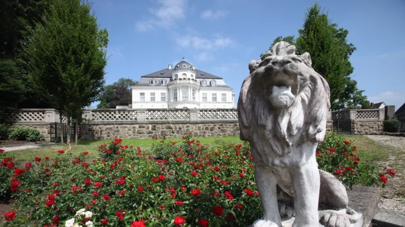 Pr&auml;chtig: Von der Bismarckstra&szlig;e kommend begr&uuml;&szlig;t ein br&uuml;llender L&ouml;we die G&auml;ste an der Villa D&uuml;rkopp. - &copy; Vera Gerstendorf-Welle