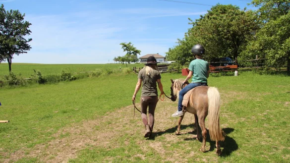 Guilia Emmerich f&uuml;hrt Oskar* auf dem Pferd durch einen Parcours auf der Wiese. - &copy; Nadine Uphoff
