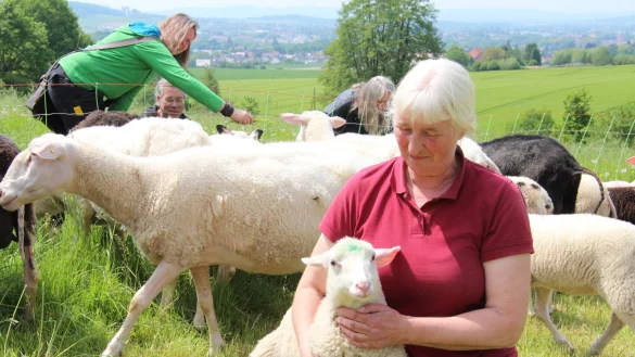 Tr&uuml;gerische Idylle: Karla Ebert freut sich, dass wenigstens ein paar Schafe gerettet wurden &ndash; doch die Trauer um die toten Tiere &uuml;berwiegt. Im Hintergrund ihre Unterst&uuml;tzer (von links) Gabriele Greven, Thomas Zimmermann und Anja Kracht. - &copy; Nadine Uphoff