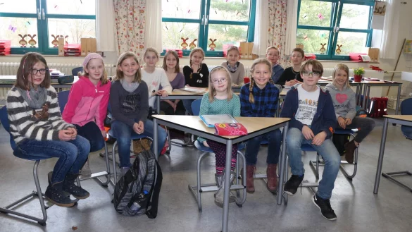 Gl&uuml;cklich mittendrin: Lina (in der Mitte mit Brille) geh&ouml;rt zur Klasse 4a der Grundschule Asemissen. Sie ist ein Kind mit Down-Syndrom. Mitsch&uuml;ler und Lehrer k&uuml;mmern sich mit besonderer Aufmerksamkeit um sie. - &copy; Thomas Dohna