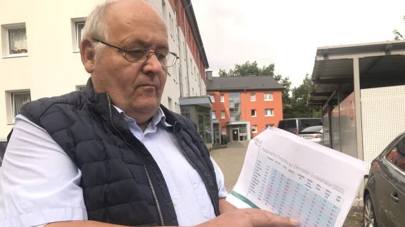 Walter Brinkmann studiert am Hiddeser Berg in Detmold Zahlen, die die Detmolder Sozialstruktur beschreiben. Er fordert einen h&ouml;heren Mindestlohn. - &copy; Martin Hostert