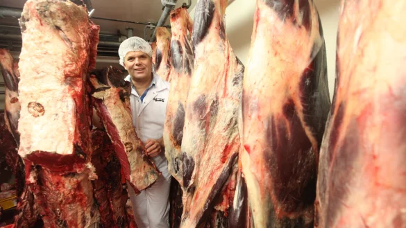 Reifeprozess direkt am Knochen: Bei Fleischer Stefan T&ouml;neb&ouml;n in Barntrup h&auml;ngen die edelsten Fleischst&uuml;cke vom Rind ganze vier Wochen im  K&uuml;hlhaus. - &copy; Vera Gerstendorf-Welle