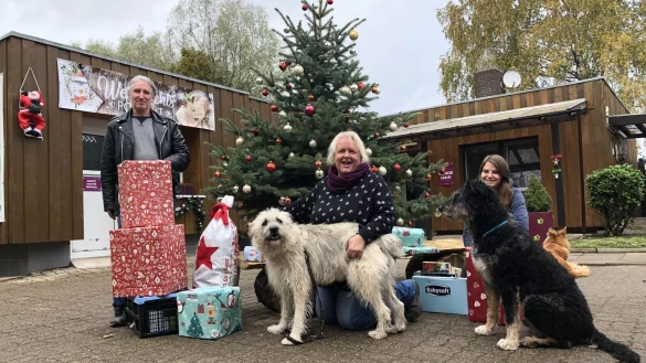 Freuen sich auf viele Besucher: Die Tierpfleger Thomas Schmitz, Melanie Vogt und Milena Ciecor, die ihren Bundesfreiwilligendienst im Tierheim absolviert, stehen vor dem Weihnachtspostamt, an dem Geschenke f&uuml;r die Tiere abgegeben werden k&ouml;nnen. - &copy; Sven Kienscherf
