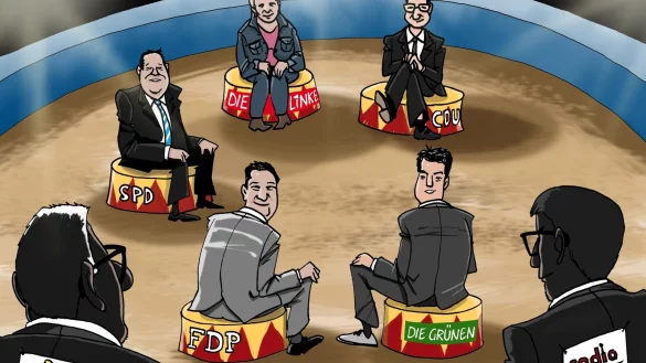 Manege frei zur Elefantenrunde: So sieht unser Karikaturist André Sedlaczek die Live-Sendung von Lippischer Landes-Zeitung und Radio Lippe zur Landratswahl am Mittwoch, 2. September (18 bis 20 Uhr). Sie wird im Radio und im Internet übertragen.  - © André Sedlaczek