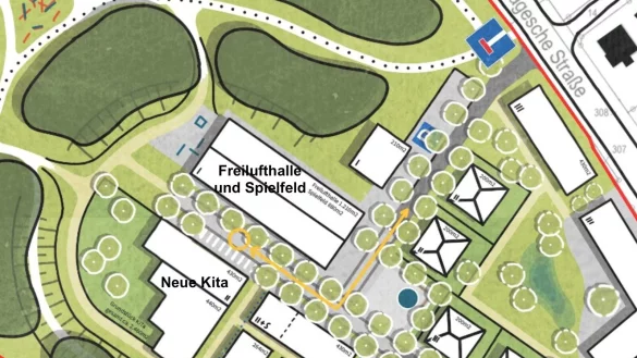 Ecke Wittekindstra&szlig;e/Lagesche Stra&szlig;e - die bisherigen Parkpl&auml;tze bleiben, im Umfeld ist Wohnbebauug bzw auch das alte Vereinsheim. - &copy; Grafik: Stadt Detmold/Sven Koch