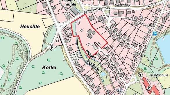 Rot umrandet ist in etwa das Gebiet nahe dem M&uuml;hlbach, auf dem neue H&auml;user gebaut werden sollen. Es liegt zwischen dem Schwelentruper Weg und der Stra&szlig;e An der Niederm&uuml;hle. - &copy; Geobasisdaten NRW/Jens Rademacher
