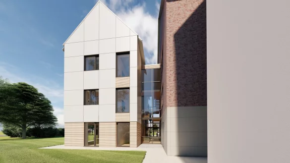 Ein schmales Treppenhaus soll das Rathaus mit dem geplanten Anbau verbinden. Der nimmt &auml;sthetisch die Gestaltung des bisherigen Geb&auml;udes an. - &copy; Grafik: Brandarchitekten.