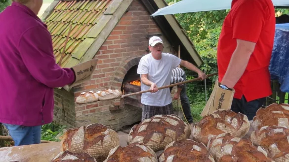  Günter Weber holt mit einem Holzschieber frisch gebackenes Brot aus dem Ofen. Fertige Laibe stapeln sich bereits bei Annette Werner und Manfred Ovenhausen. - © Achim Krause