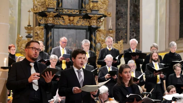 Facettenreiches Passionskonzert: Mit der Kantorei St. Nicolai, dem Telemann Collegium Herford sowie den Solisten Menno Koller, Fridolin Wissemann und Carolin Franke (vorne von links) unter Leitung von Kantor Frank Schreiber. - © Thomas Krügler