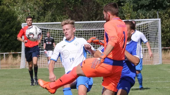Abwehraktion: Salzuflens Jan Linnenbr&uuml;gger (links) und sein Torwart Goste Traykovski kl&auml;ren in letzter Sekunde. - &copy; Paul Cohen