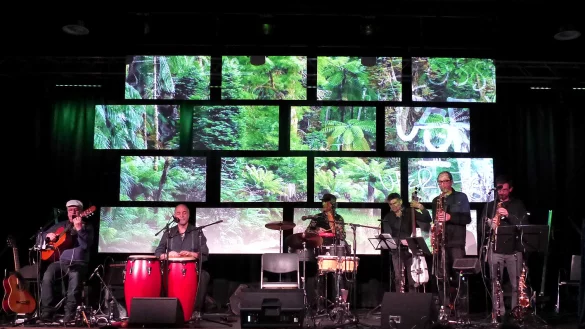 Die &bdquo;Grupo Sal&ldquo; vor der Multimediawand. - &copy; Rudi Rudolph