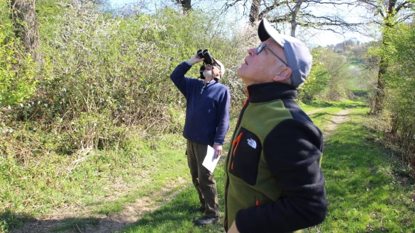 Bussard in Sicht: Der Lemgoer BUND-Vorsitzende Eckhard Buschmeier (links) und Wolfgang Caspersmeier identifizieren die Raubv&ouml;gel schnell. - &copy; Jens Rademacher