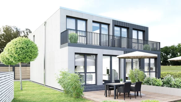 So k&ouml;nnte ein Doppelhaus aus acht &Uuml;berseecontainern aussehen, wie Conwerk es sich vorstellt. In Herbram werden nur vier Container aufgestellt. - &copy; Conwerk (Visualisierung)