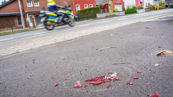 Am Tag nach dem tödlichen Unfall auf der Hamelner Straße in Lemgo sind noch deutliche Spuren auf der Straße zu sehen. - © Freitag TV