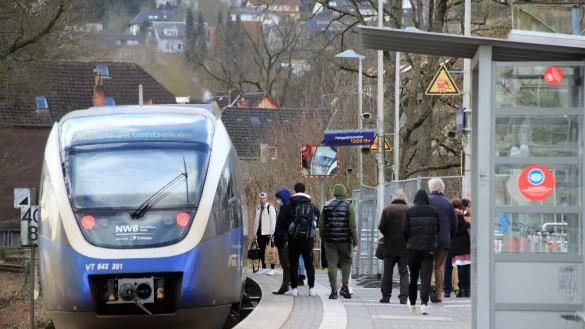 Wenn der Zug am Bahnhaltepunkt H&ouml;xter zum Stehen kommt, m&uuml;ssen Fahrg&auml;ste warten, bis der gr&uuml;ne Kranz des T&uuml;r&ouml;ffners leuchtet, erst dann k&ouml;nnen sie den T&uuml;r&ouml;ffner dr&uuml;cken und die T&uuml;ren &ouml;ffnen sich - normalerweise. - &copy; David Schellenberg
