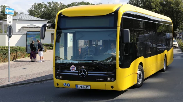 Gelbe Elektrobusse vom Typ Mercedes eCitaro sind bereits in Warnemünde unterwegs. Mit einer anderen Lackierung werden Busse dieses Modells im kommenden Jahr auch auf lippischen Straßen fahren. - © picture alliance/dpa/dpa-Zentralbild