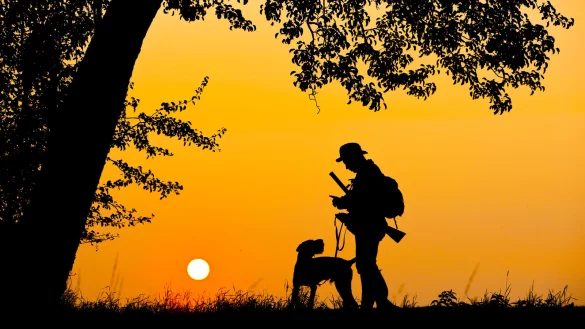 Ein J&auml;ger geht mit seinem Hund bei Sonnenuntergang auf die Jagd. - &copy; Symbolbild dpa