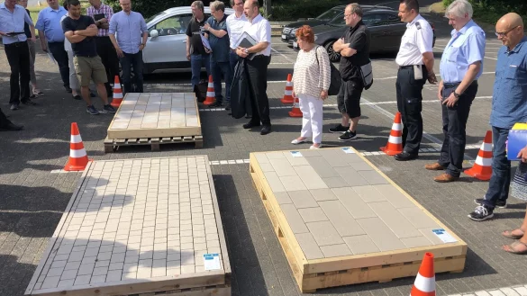 Ortstermin auf dem Rathausparkplatz: Auf der Palette rechts sind die Farben zu sehen, in denen der Vorplatz des Kurgastzentrums gepflastert werden sollte, vorne links sieht man die Steingr&ouml;&szlig;e, die vorgesehen ist. Hinten links liegt das Pflaster, das die weitere Parkstra&szlig;e pr&auml;gen soll. Der Bauausschuss und der Aufsichtsrat des Staatsbades sind von der Farbvariante f&uuml;r den Vorplatz des Kurgastzentrums indes nicht &uuml;berzeugt. - &copy; Sven Kienscherf