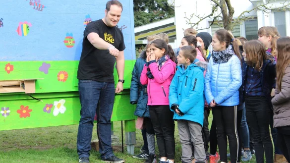 Es kann losgehen: Auf dem Arm von Hobby-Imker Christian Strulik (links) ist die erste Biene gelandet. Zusammen mit den Sch&uuml;lern der Klasse 4b hat er alles f&uuml;r das Live-Projekt vorbereitet. - &copy; Sandra Castrup