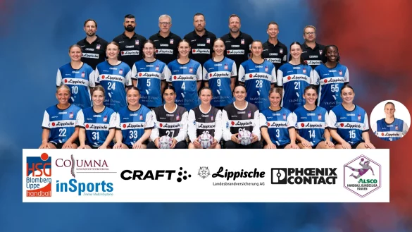 Die HSG mit (hinten von links) Mannschaftsarzt Dr. Christian Colcuc, Physiotherapeuth Schaho Aziz, Torwarttrainer Ronny Krüger, Mannschaftsbetreuer Oliver Lippert, Geschäftsführer Jan-Henning Himborn, Neuro-Athletiktrainer Jörg Michalewicz und Cheftrainer Steffen Birkner, (Mitte von links) Maxi Mühlner, Marie Michal?czik, Amber Verbraeken, Andrea Jacobsen, Nieke Kühne, Malin Sandberg, Nuria Bucher, Farrelle Njinkeu sowie (vorne von links) Judith Tietjen, Alexia Hauf, Elin Rosa Magnusdottir, Lara Lepschi, Melanie Veith, Nicole Roth, Laura Rüffieux, Ona Vegué, Carolin Jaron, Díana Dögg Magnusdottir. - © Timon Peters/HSG Blomberg-Lippe
