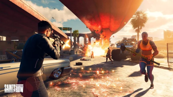 Boom, boom, boom, boom: Die Los Panteros wollen uns (l.) wenig zimperlich ans Leder. Die Dame rechts, die wohl in den 80er Jahren zu viele Aerobic-Videos mit Jane Fonda gesehen hat, kann mit dem Vorschlaghammer ordentlich zulangen. - &copy; Deep Silver Volition