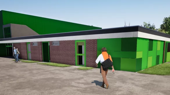 Der aktuelle Entwurf: Der bestehende Anbau (gro&szlig;es Bild) soll innen umgestaltet und mit einer Plattenfassade versehen werden. Am Rand des Sportgel&auml;ndes ist ein Verkaufsh&auml;uschen geplant. - &copy; xtraplan D&ouml;ring + Harmann