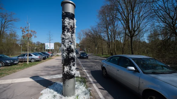 Ein Blitzer in der Metzer Stra&szlig;e in Saarbr&uuml;cken ist mit Teer und Federn &uuml;berzogen. - &copy; dpa