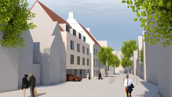 Ansicht aus der Breiten Stra&szlig;e: Zu erkennen ist die pr&auml;gnante Treppe der Alten Abtei. Das Auto kommt gerade vom Hinterhof-Stellplatz des Neubaus &ndash; durch die Zufahrt im Erdgeschoss des Bettenhauses. - &copy; Architekturb&uuml;ro Schwakenberg/Bley