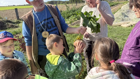 Joachim Wenzel (erster Vorsitzender der Ackerbildung) und Katrin Selse (Erzieherin beim Kinderschutzbund in Blomberg) erklären Jakob Chlechowitz (von links), Kussei Abdul Wahid, Don Melcher, Vanessa Kuntze und Lillian Kennert, was die gelbe Bete für ein Gemüse ist. - © Jan Schillmann