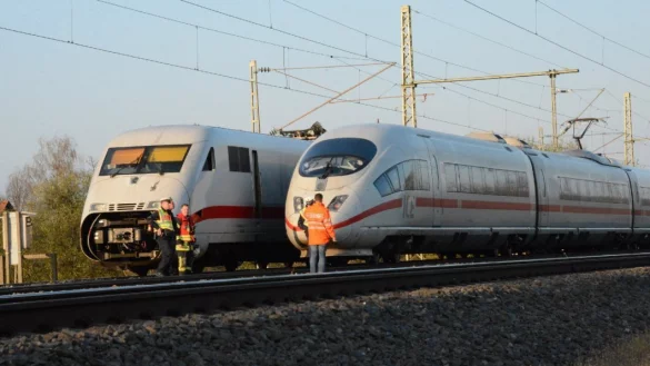 Liegen geblieben: Ein ICE ist in eine Plane gefahren, die in der Oberleitung hing. - © Andreas Eickhoff