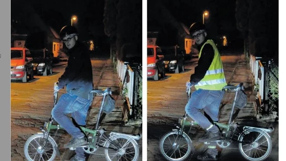 LZ-Redakteur im Selbstversuch: Die Fotos zeigen, dass Radfahrer mit reflektierender Warnweste im Abblendlicht eines Autos besser zu sehen sind, als solche mit dunkler Kleidung.&nbsp; - &copy; Anne Wolf