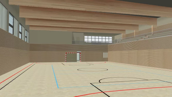 Ein computergeneriertes Bild der neuen Sporthalle l&auml;sst ahnen, wie viel Holz hier verbaut wurde.&nbsp; - &copy; Visualisierung: Peter Gl&auml;sel Stiftung