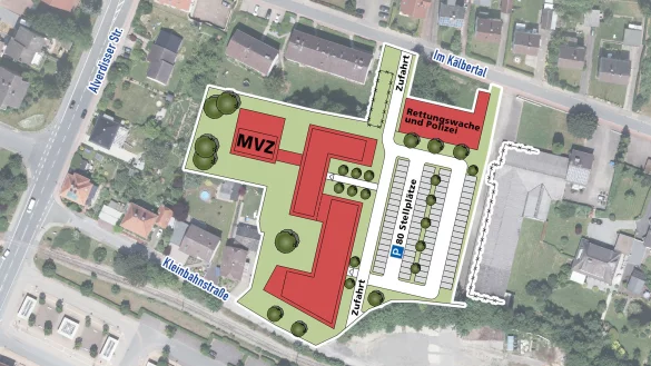 Hier k&ouml;nnte es entstehen: Der Plan zeigt das sogenannte Hybrid-Zentrum an der Kleinbahnstra&szlig;e mit &Auml;rzten, Therapeuten und Weiterem. Noch sind das allerdings nur erste Ideen. - &copy; Land NRW (2019)/Grafik: Portarion GmbH & Cie. KG/Montage: Oliver Wendtland