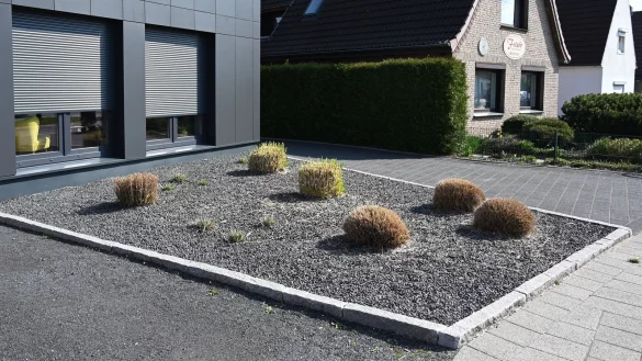 Komplett abgedeckt: Pflanzen ragen aus einem Vorgarten mit grauen und schwarzen Kieselsteinen &ndash; ein Beispiel aus Bremen, wo Schotterg&auml;rten politisch diskutiert werden. - &copy; Carmen Jaspersen/dpa