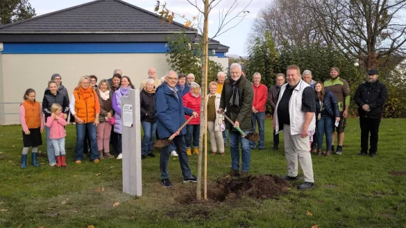Der symbolische Pflanzakt mit (von links) Willi Schirrmacher, Ralf Klemme und Manfred Stoller: Der Baum in Silixen soll Mahnung sein, die Demokratie zu bewahren. - &copy; Dorfgemeinschaft Silixen