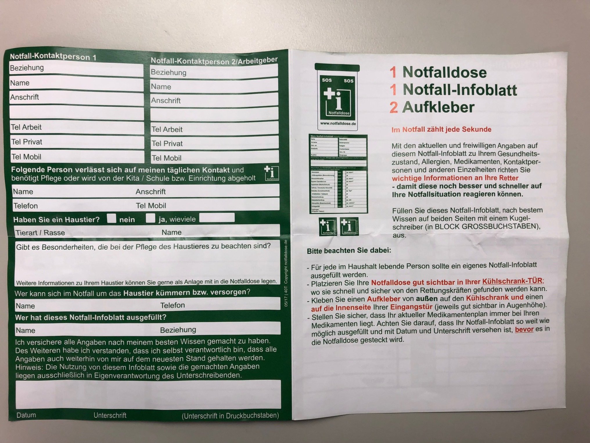 Die Vorderseite des Infosblatts.